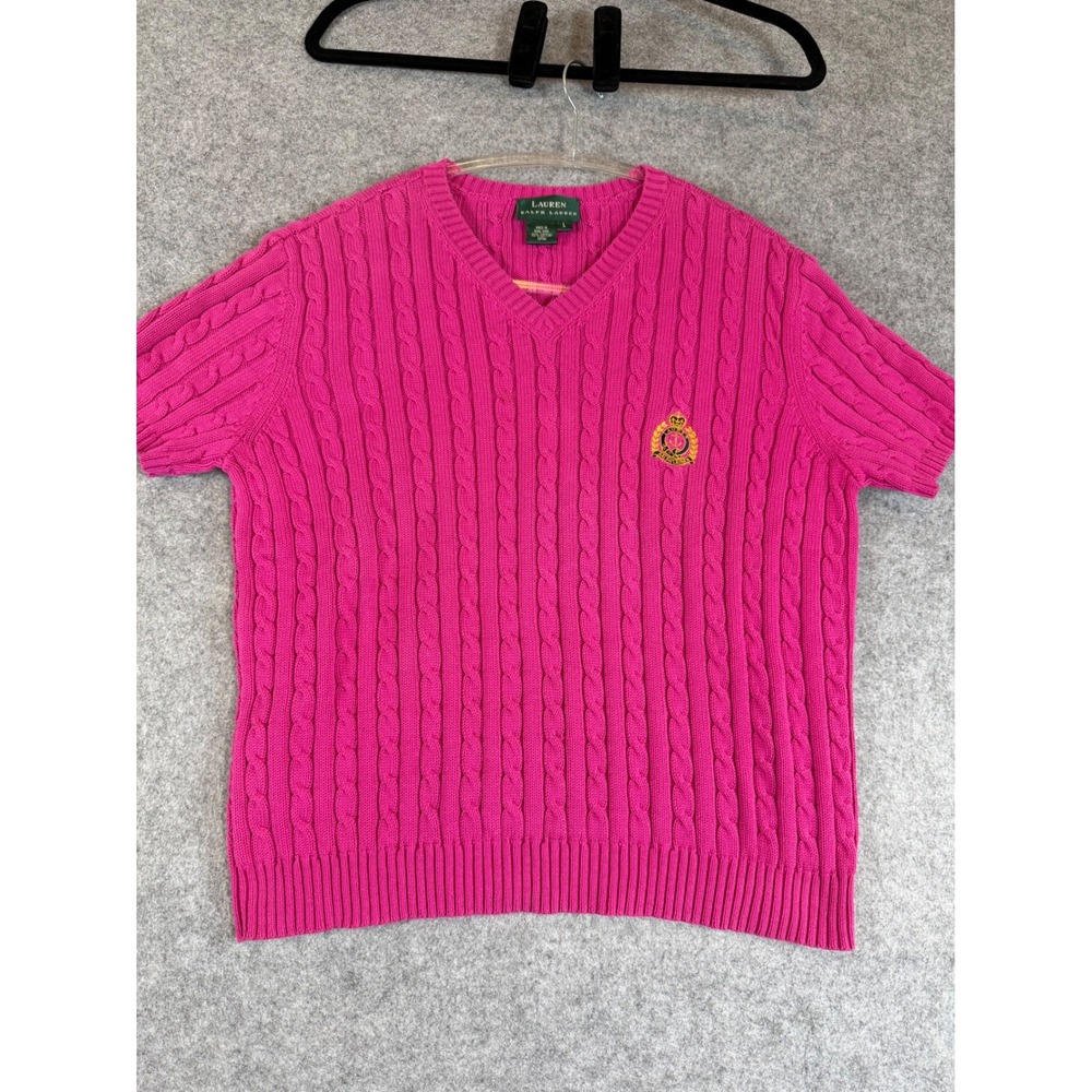 Lauren Ralph Lauren Sweater Womens Large Pink Excellent Cable Knit V-Neck Crest